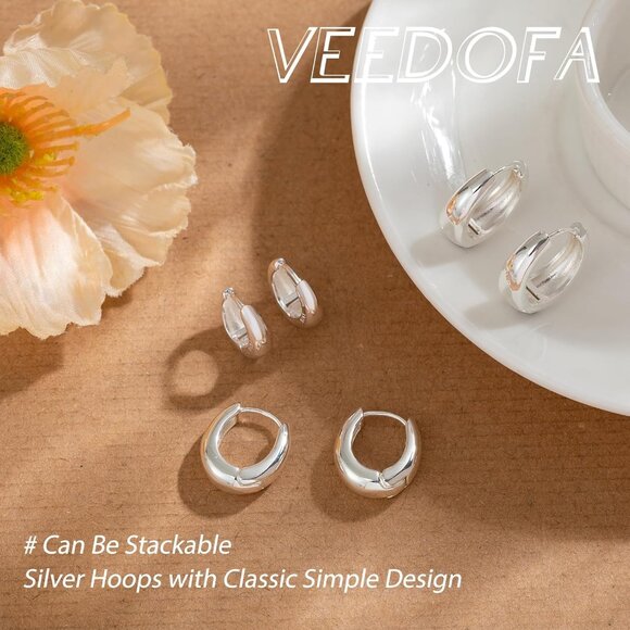 🆕 Women Silver Small Hoop Earrings Trendy Chunky Multiple Piercing Jewelry Gift - Picture 4 of 7